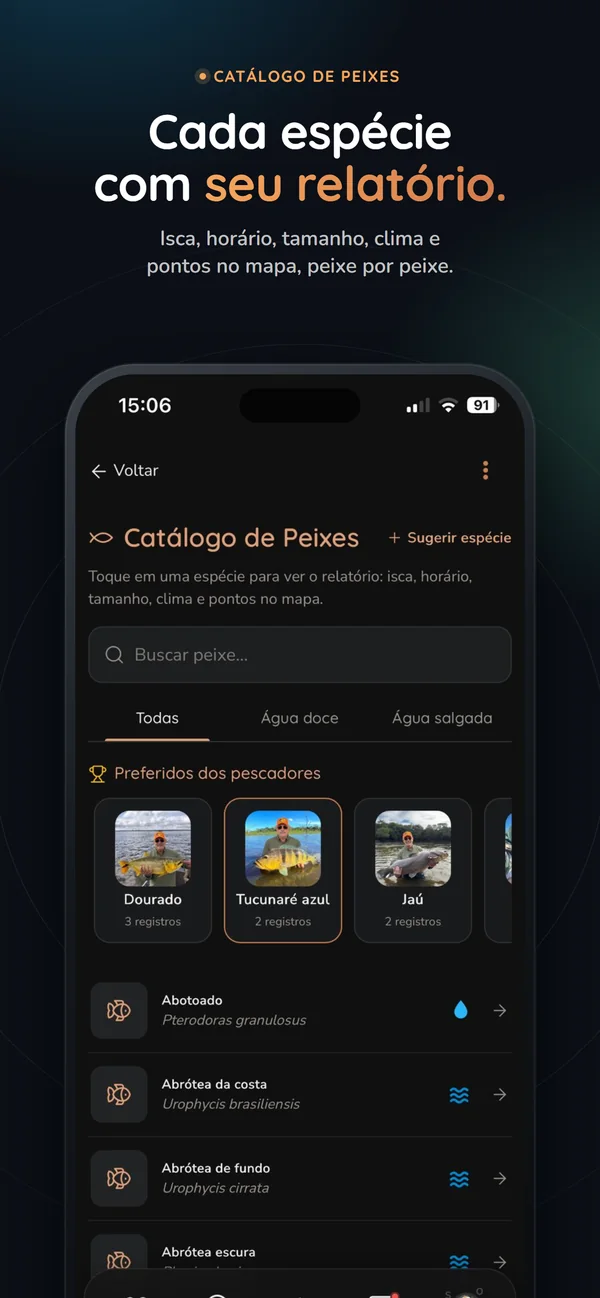 Catálogo de peixes com relatório por espécie