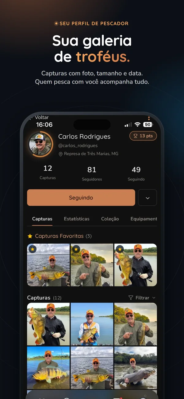 Perfil do pescador com galeria de troféus